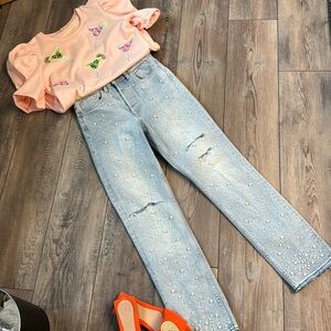 Adorable Distressed Jeans with Pearl Embellishment